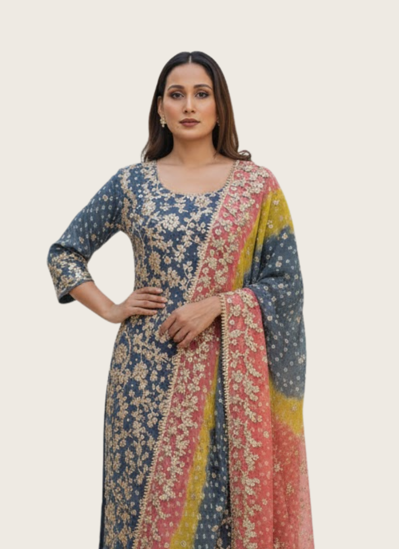 Pakistani Bandhini Chiffon Suit – Gota Patti Elegance for Women