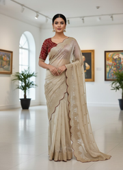 Champagne Gold Designer Saree – Sequins & Zari Work with Red Corset Blouse 6