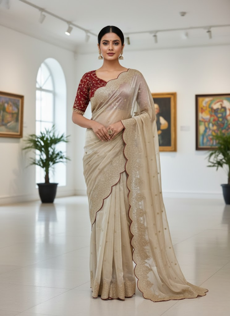 Champagne Gold Designer Saree – Sequins & Zari Work with Red Corset Blouse