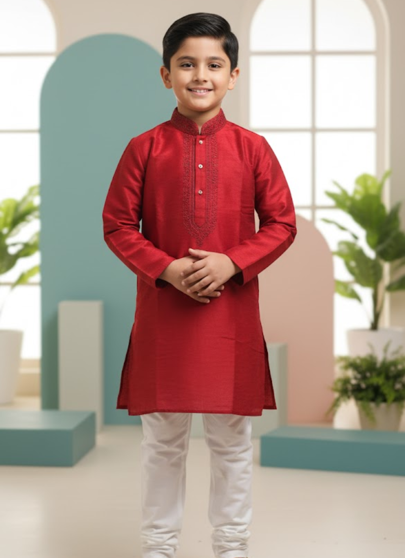 Red Kurta with White Cotton Pyjama – Kids Kurta Pajama Ethnic Set