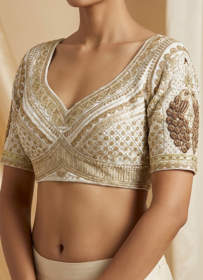 Roman Silk Women’s Blouse with Heavy Embroidery & Back‑Open Design
