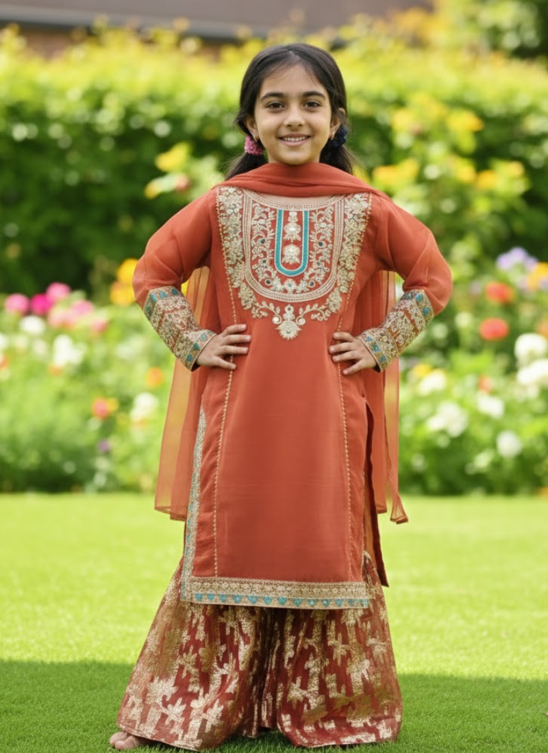 Brick Chiffon Kids Sharara – Elegant Ethnic Wear
