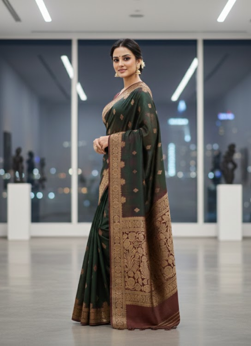 Deep Forest Green Katan Silk Saree with Blouse
