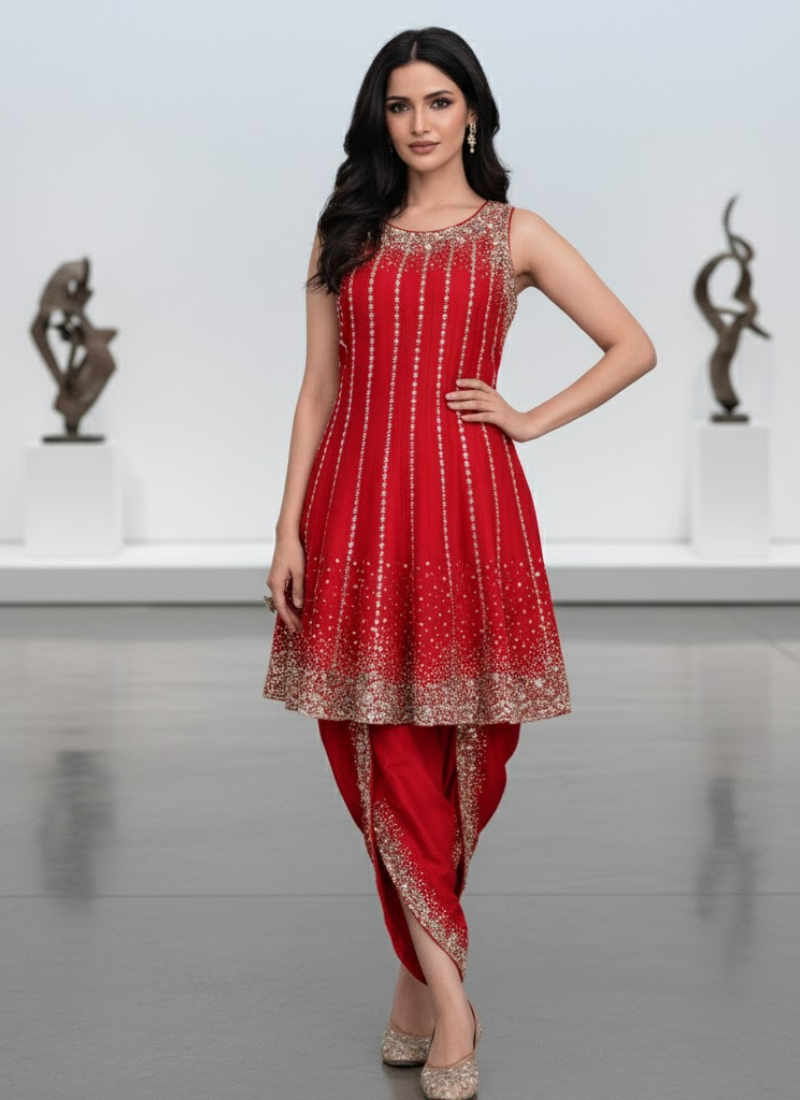Red Raw Silk Salwar Suit with Tulip Pants – Festive Elegance