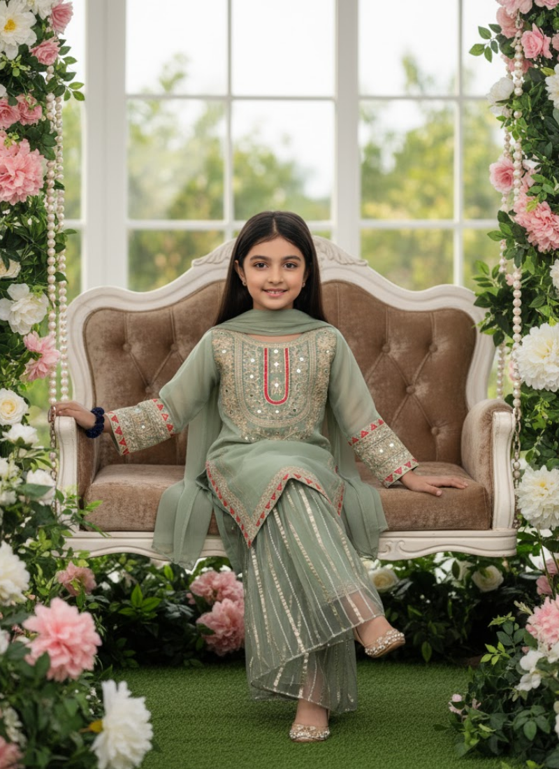 Mint Green Chiffon Kids Sharara Suit – Pishta Elegance