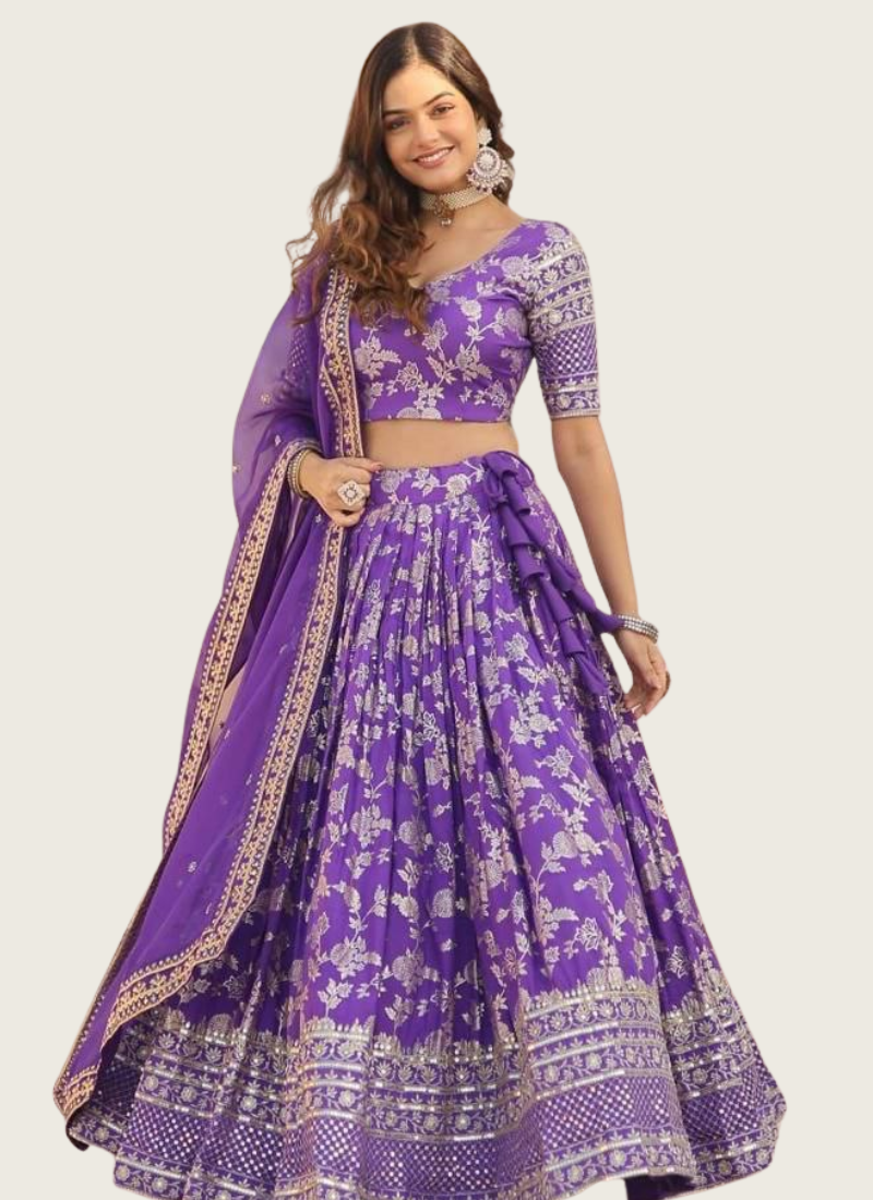 Purple Viscose Jacquard Lehenga Choli with Sequins Embroidery + Russian Silk Dupatta