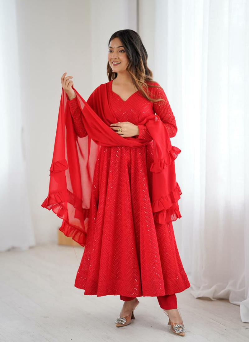 Red Fox Georgette Anarkali Suit with Sequins Work & Ruffle Dupatta
