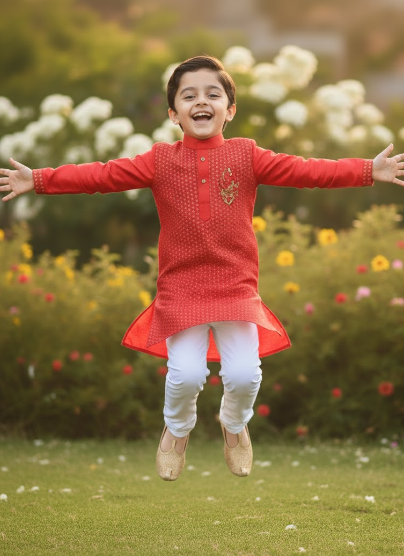 Kids Kurta Pajama – Red Silk Kurta with White Cotton Pyjama