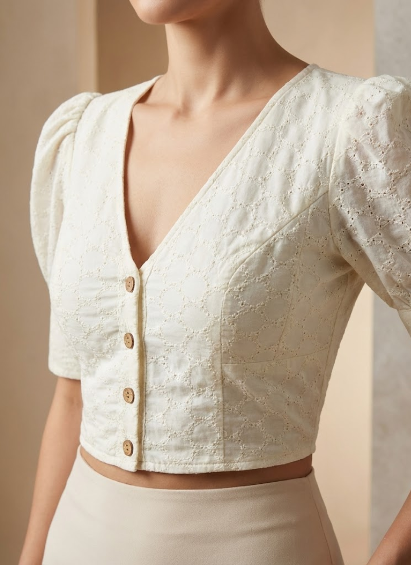 Pure Cotton Hakoba Puff Sleeve Blouse with Football Design