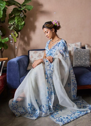 Soft Tebby Silk Saree with Floral Print, Beads & Katdana Handwork + Blouse Piece 5