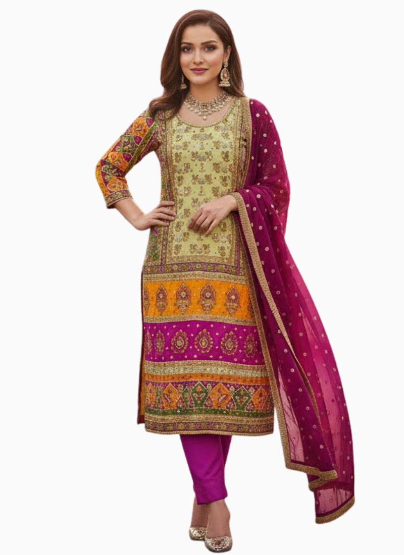 Pakistani Chinnon Multicolor Salwar Suit