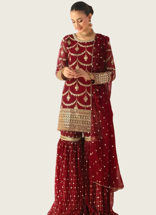 Deep Maroon Georgette Sharara Suit with Sequins Embroidery + Dupatta Australia
