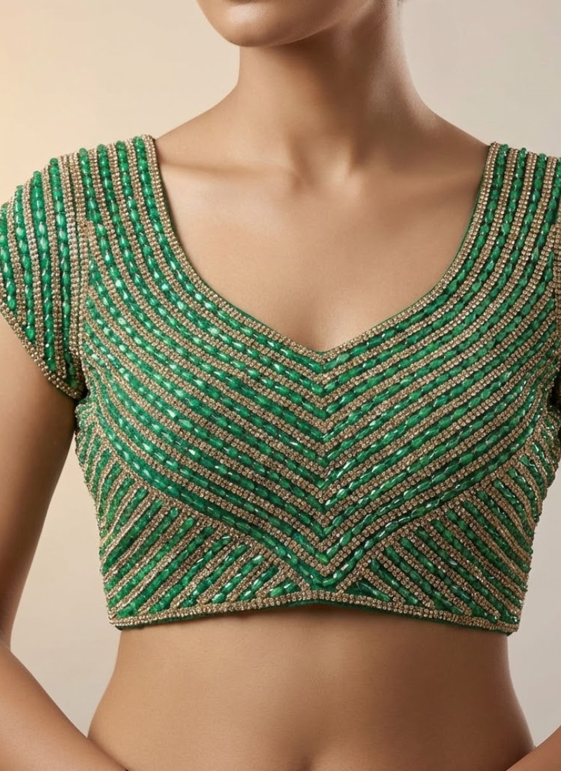 Women’s pure silk blouse with pearl, moti, beads and pipe embroidery, handcrafted partywear design.