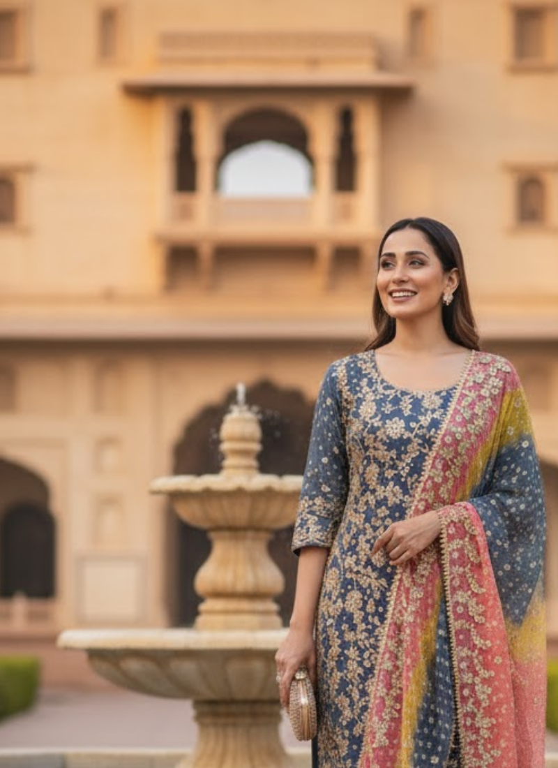 Pakistani Bandhini Chiffon Suit – Gota Patti Elegance for Women