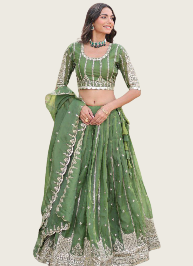 Olive Green Gold Crush Lehenga Choli with Sequins & Zari Embroidery + Designer Dupatta Australia