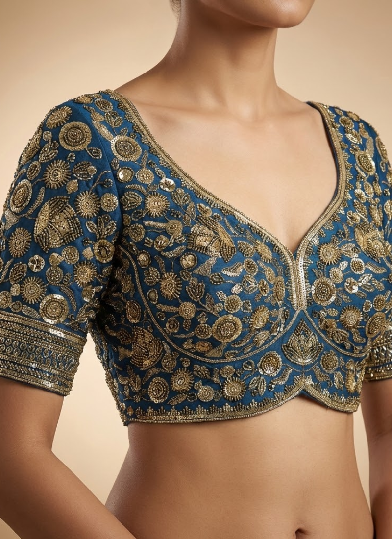 Elegant women’s blouse in pure Roman silk with heavy embroidery, 12 inch sleeves, and cotton lining.