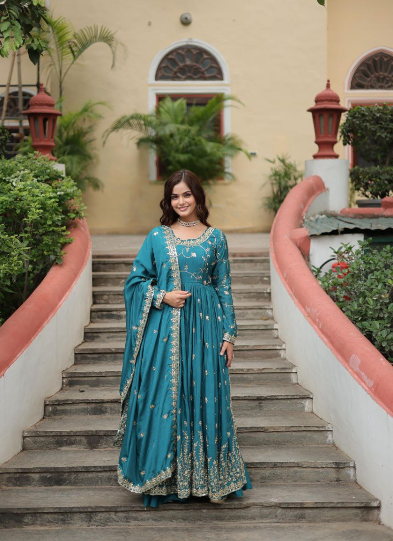 Wine Chinon Sequins Anarkali Gown with Sharara & Dupatta