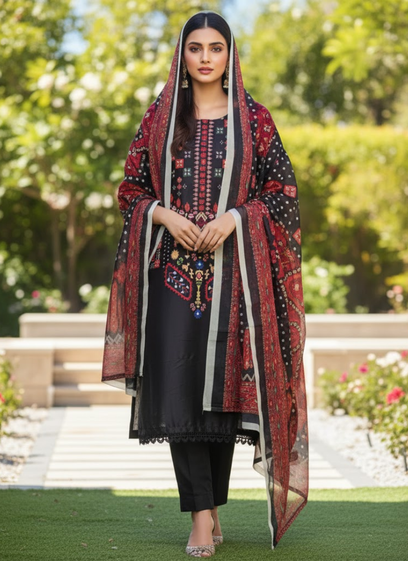 Pakistani Satin 3-Piece Salwar Suit – Elegant Kota Dupatta Set