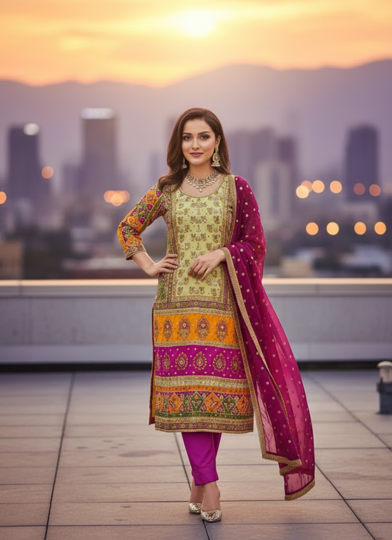 Pakistani Chinnon Multicolor Salwar Suit