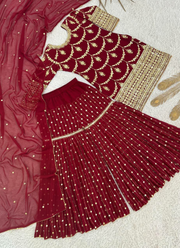 Deep Maroon Georgette Sharara Suit with Sequins Embroidery + Dupatta 2