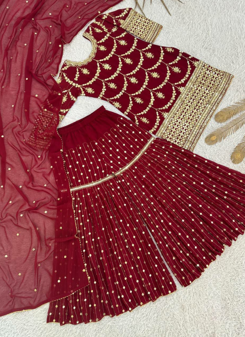 Deep Maroon Georgette Sharara Suit with Sequins Embroidery + Dupatta