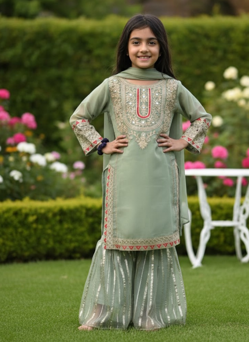Mint Green Chiffon Kids Sharara Suit – Pishta Elegance