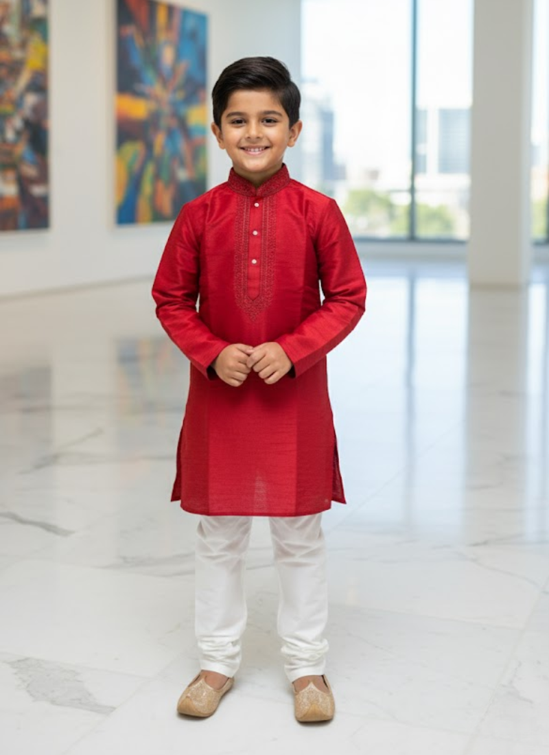 Red Kurta with White Cotton Pyjama – Kids Kurta Pajama Ethnic Set