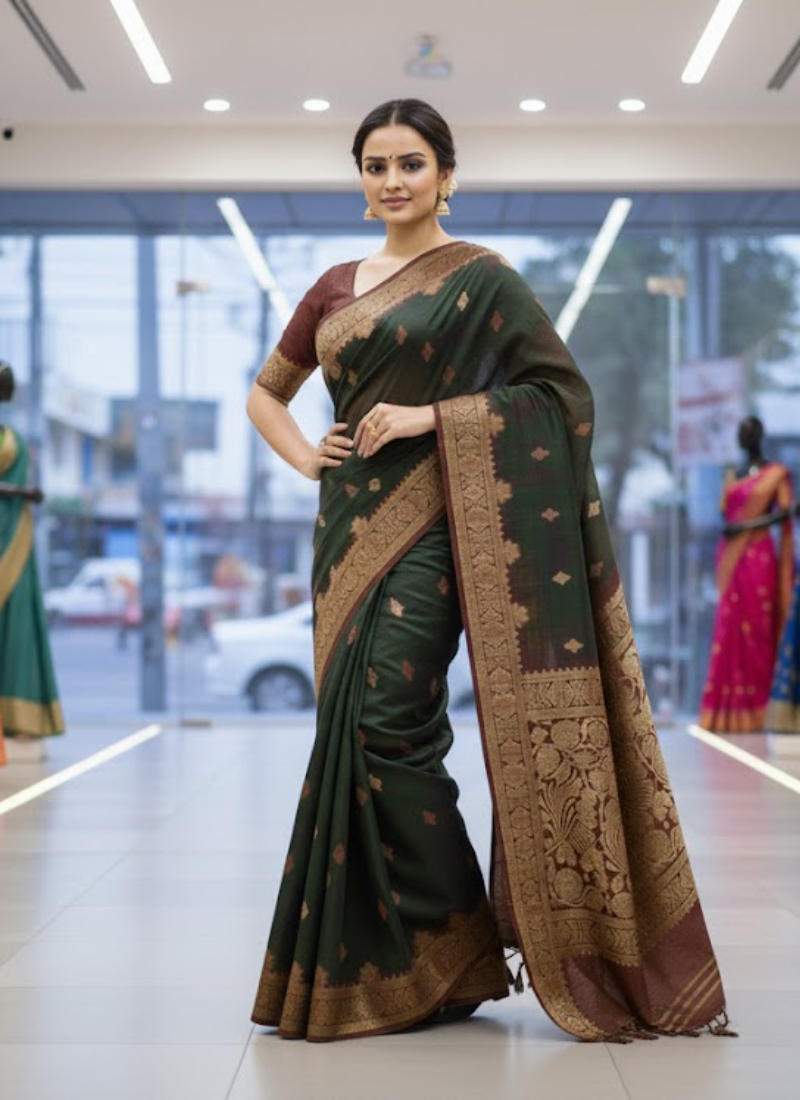 Deep Forest Green Katan Silk Saree with Blouse