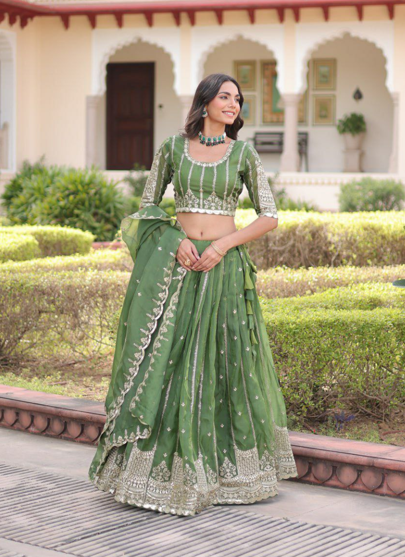 Olive Green Gold Crush Lehenga Choli with Sequins & Zari Embroidery + Designer Dupatta