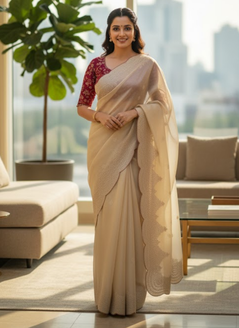 Champagne Gold Designer Saree – Sequins & Zari Work with Red Corset Blouse