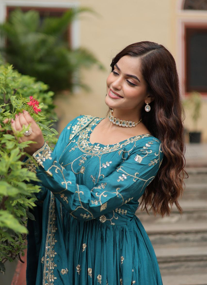Wine Chinon Sequins Anarkali Gown with Sharara & Dupatta