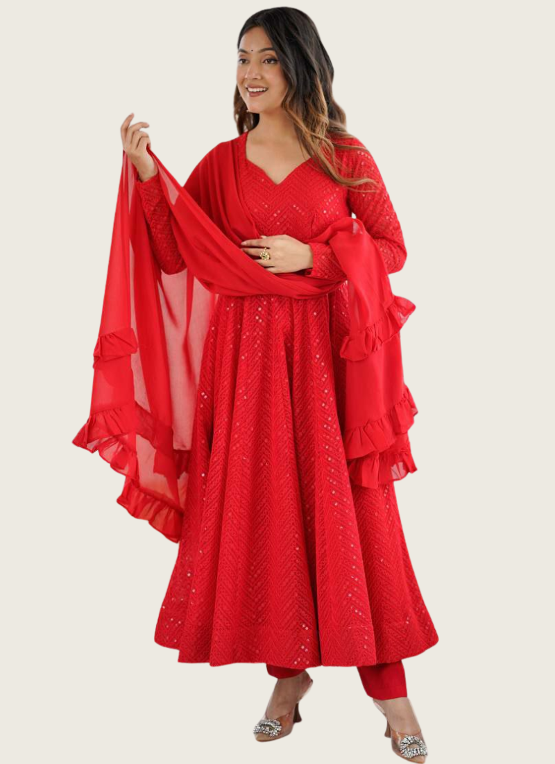 Red Fox Georgette Anarkali Suit with Sequins Work & Ruffle Dupatta | Gleemiumfashion