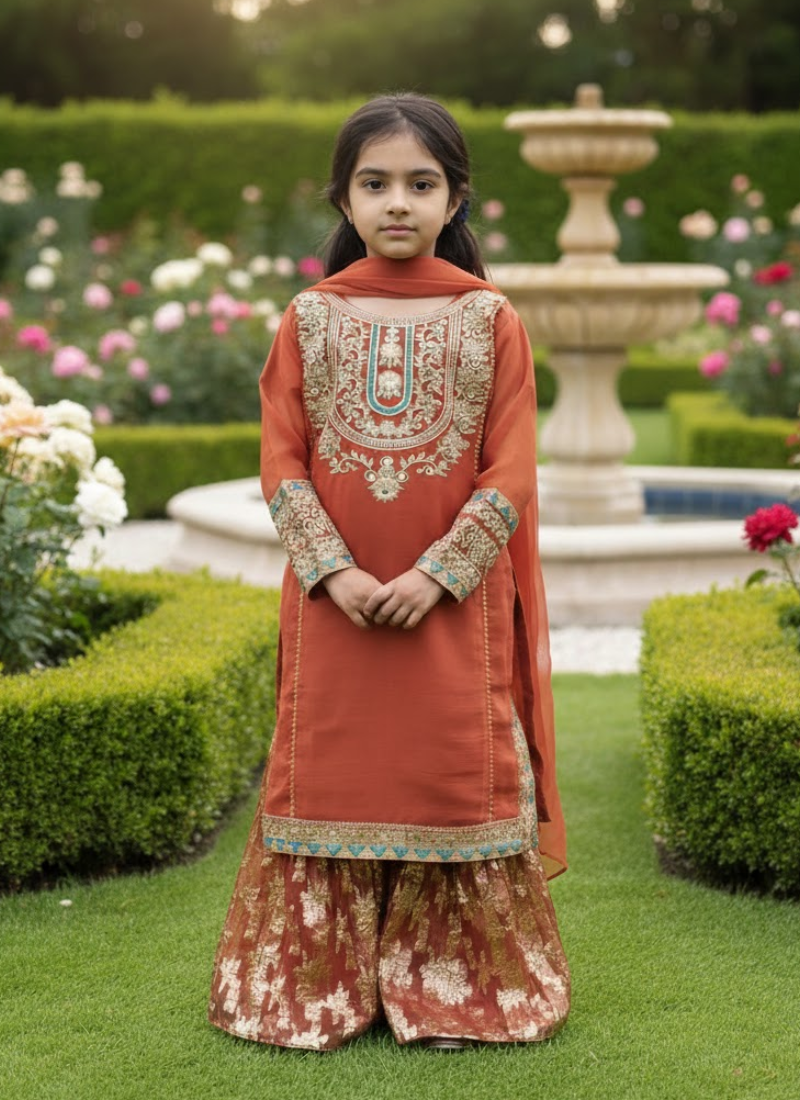 Brick Chiffon Kids Sharara – Elegant Ethnic Wear