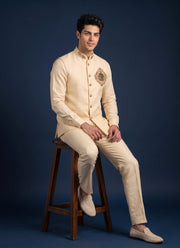 Diwali Linen Koti Set for Men – Handwork Brooch Koti, Shirt & Polo Pant 6
