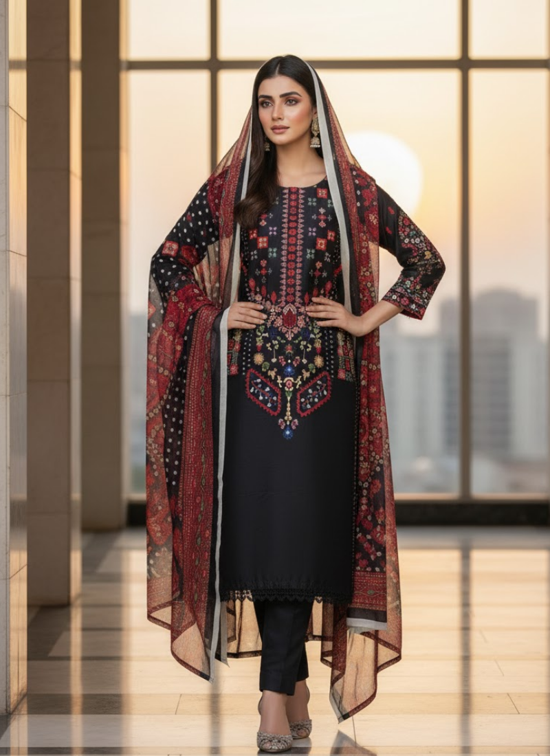 Pakistani Satin 3-Piece Salwar Suit – Elegant Kota Dupatta Set
