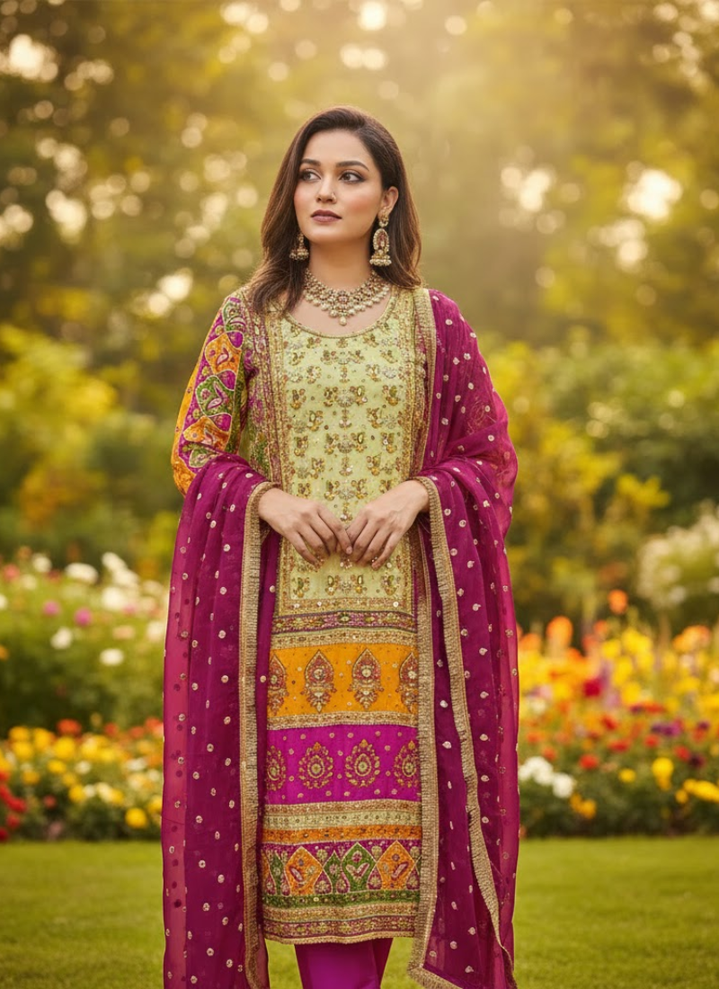 Pakistani Chinnon Multicolor Salwar Suit