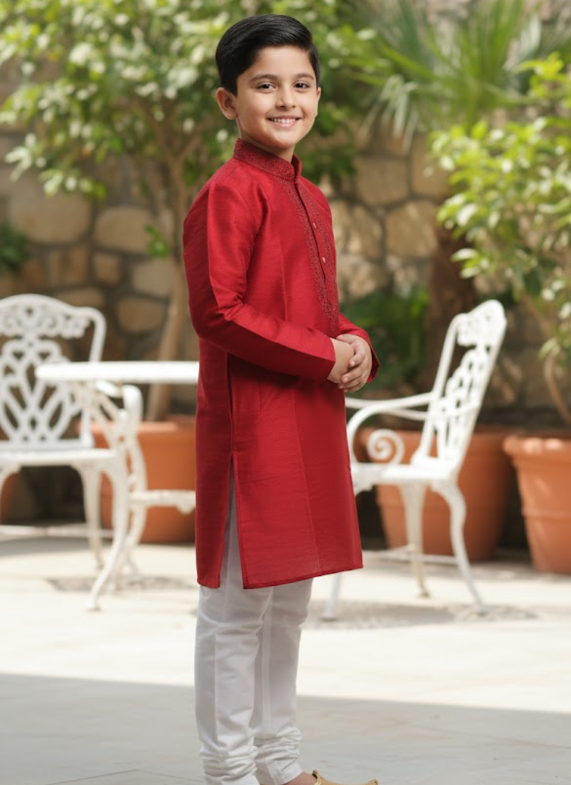 Red Kurta with White Cotton Pyjama – Kids Kurta Pajama Ethnic Set