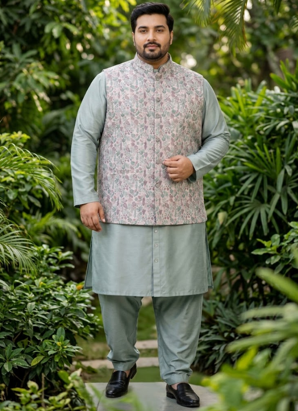 Men's Big Size Silk Kurta Pyjama with Jacquard Koti | Indian Ethnic Wear Online Australia