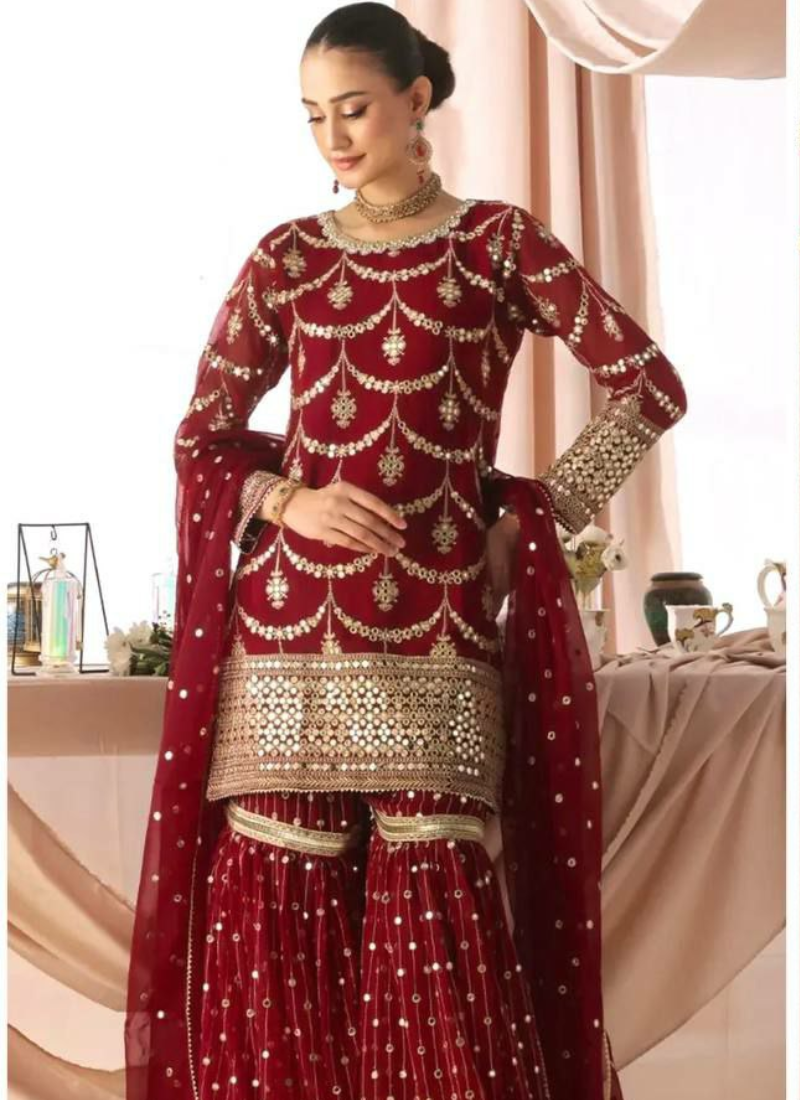 Deep Maroon Georgette Sharara Suit with Sequins Embroidery + Dupatta