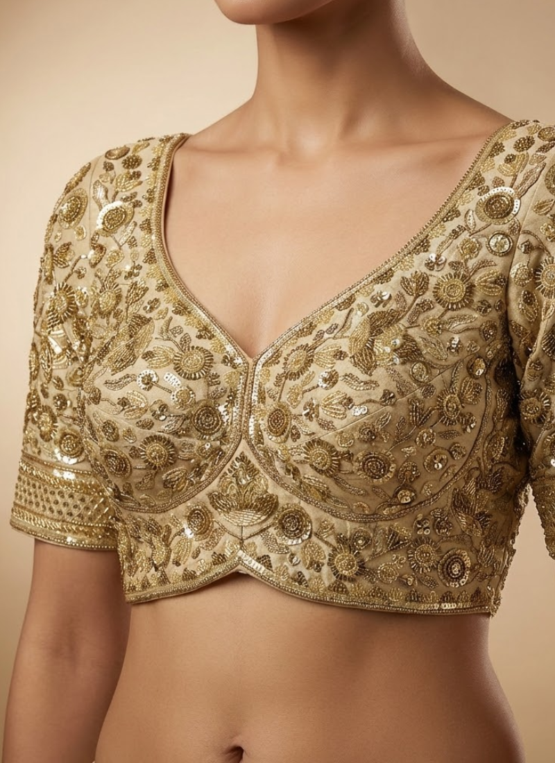 Statement partywear blouse in Roman silk with heavy stitching, handmade hooks, latkans, and cotton lining.