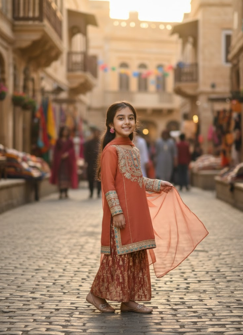 Brick Chiffon Kids Sharara – Elegant Ethnic Wear