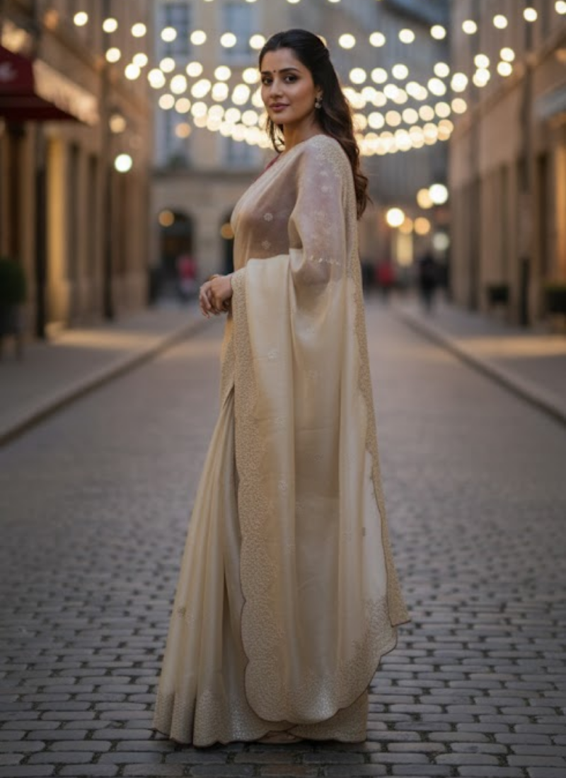 Champagne Gold Designer Saree – Sequins & Zari Work with Red Corset Blouse