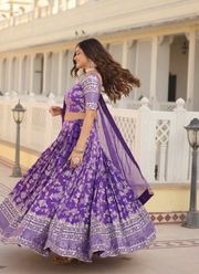 Purple Viscose Jacquard Lehenga Choli with Sequins Embroidery + Russian Silk Dupatta 3