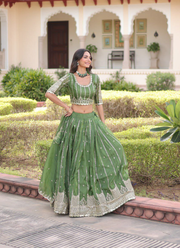 Olive Green Gold Crush Lehenga Choli with Sequins & Zari Embroidery + Designer Dupatta 2