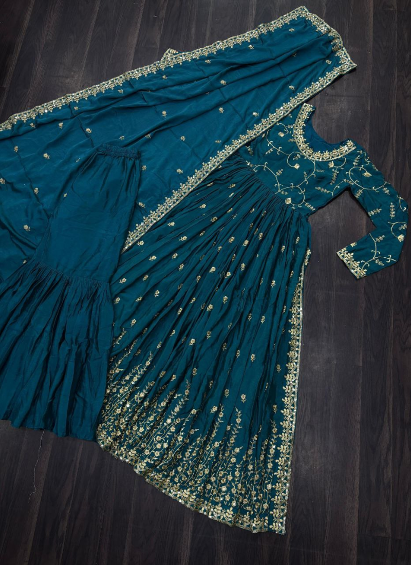 Wine Chinon Sequins Anarkali Gown with Sharara & Dupatta