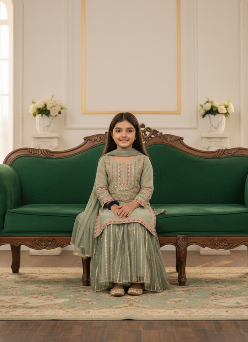 Mint Green Chiffon Kids Sharara Suit – Pishta Elegance