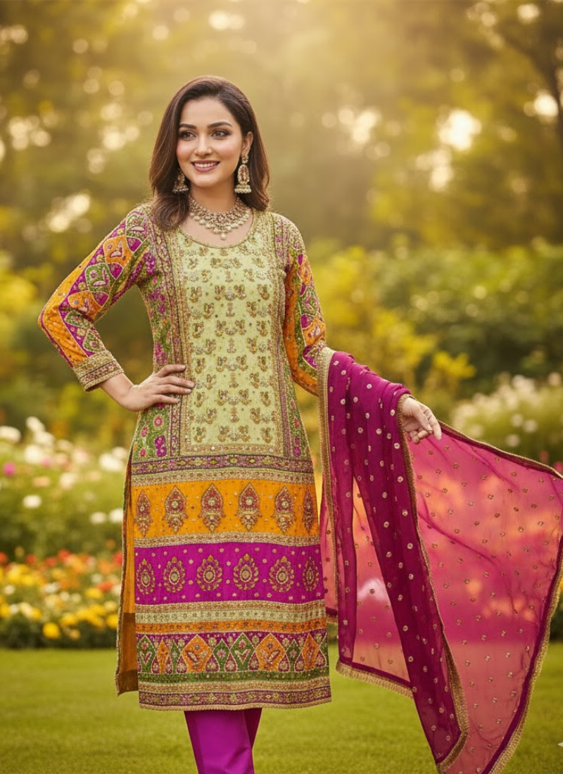 Pakistani Chinnon Multicolor Salwar Suit