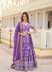Purple Viscose Jacquard Lehenga Choli with Sequins Embroidery + Russian Silk Dupatta 4