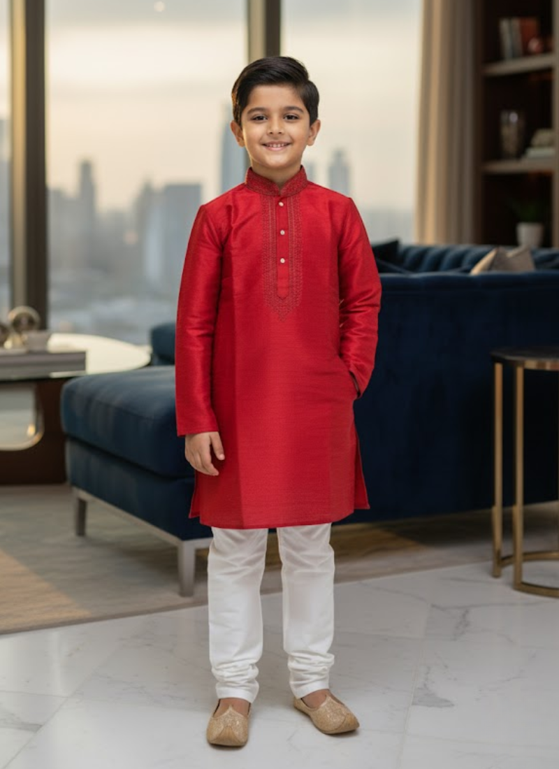 Red Kurta with White Cotton Pyjama – Kids Kurta Pajama Ethnic Set
