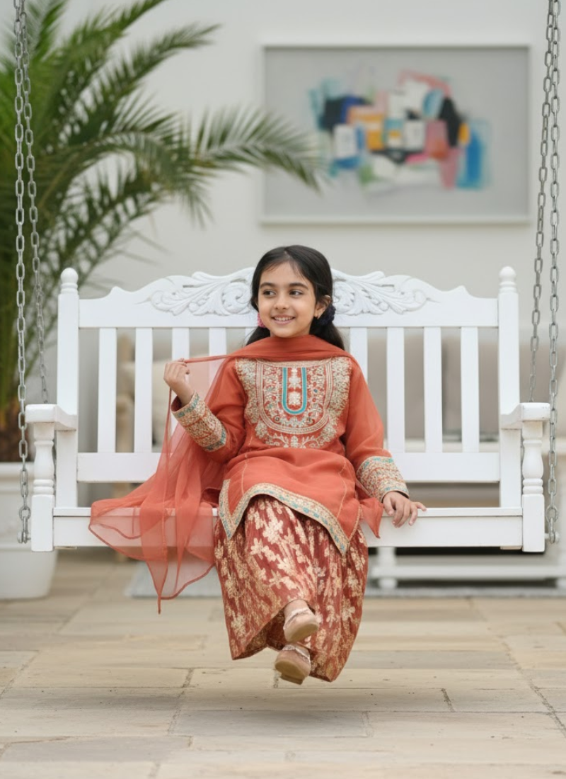 Brick Chiffon Kids Sharara – Elegant Ethnic Wear